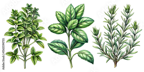 Three bunches of oregano, basil, and rosemary herbs, isolated on transparent background