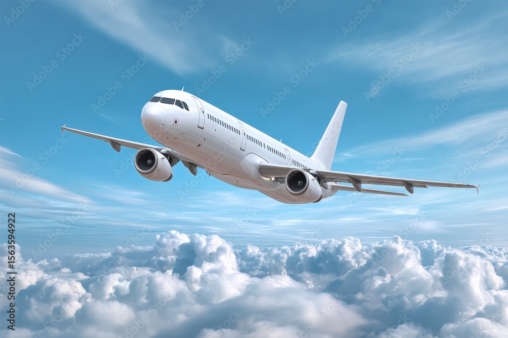 Wide-angle view of modern commercial airplane flying high above the clouds with clear blue sky du daytime Wide-angle view of modern commercial airplane flying high above the clouds with clear blue sky du daytime