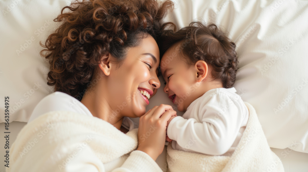 Cuddling mother and baby share joyful moment, smiling and connecting in cozy setting. Their warmth and love create heartwarming atmosphere Cuddling mother and baby share joyful moment, smiling and connecting in cozy setting. Their warmth and love create heartwarming atmosphere