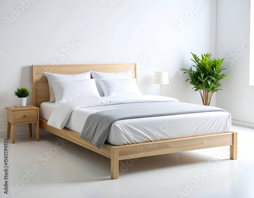 A serene and minimalist bedroom featuring a comfortable wooden bed with crisp white linens and natural light.