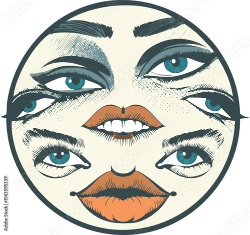 Eyes, open mouth screaming and smiling woman lips with grunge punk y2k newspaper collage, halftone stipple effect and trendy retro monochrome photocopy grain texture. anger, collage, comic, doodle,