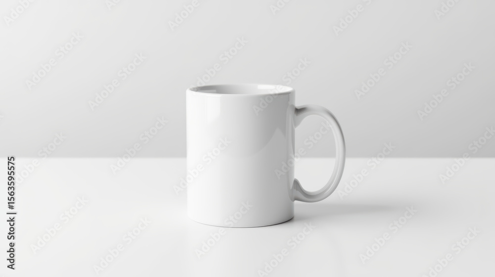 Fototapeta premium Plain white mug sits on clean surface, perfect for beverages or customization. Its simple design offers versatility for any setting
