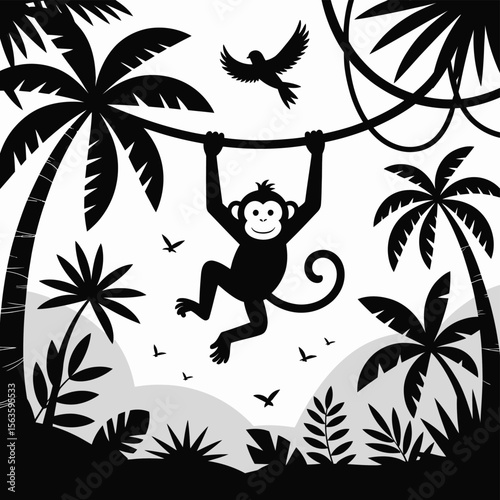 Black and white jungle scene with a monkey hanging from a branch palm trees and birds