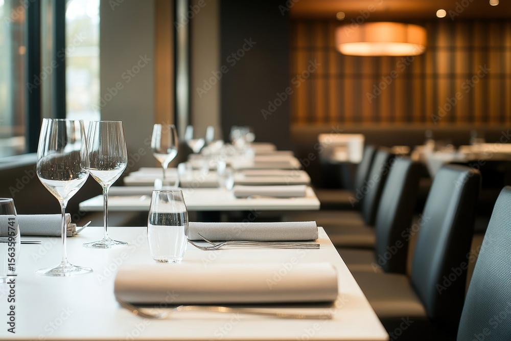 Elegant Modern Restaurant Interior with Set Tables and Glassware Elegant Modern Restaurant Interior with Set Tables and Glassware
