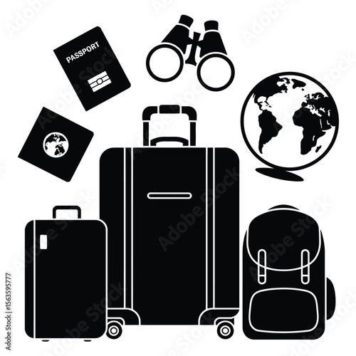 Black and white travel gear silhouette illustration including suitcases backpack passports binoculars and globe