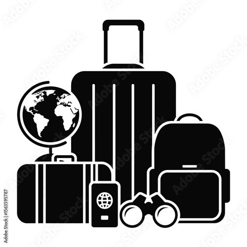 Black and white travel gear silhouette illustration with suitcase globe backpack passport and binoculars