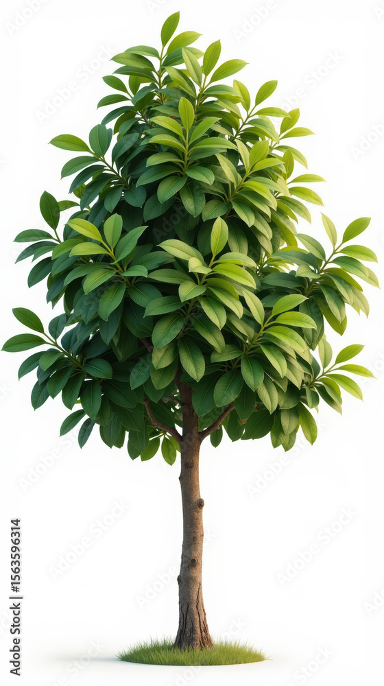 Fototapeta premium Vibrant tree with lush green leaves stands tall, showcasing its natural beauty and vitality. sturdy trunk supports full canopy, creating serene