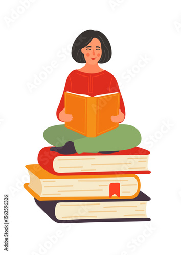 Woman reads book. Girl sitting on stack of books.  Education, library, literature concept.