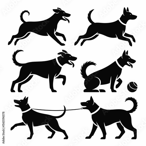 Black dog silhouettes in various poses running walking and playing on a white background