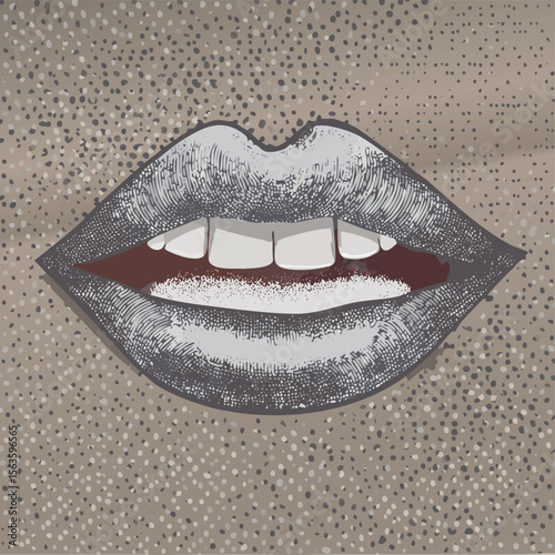 Retro halftone lips, eyes, nose and mouth in scream with monochrome photocopy effect. Brutalist female smile newspaper or magazine cut out.collage, comic, contemporary, cyber, doodle, eye, grain, 