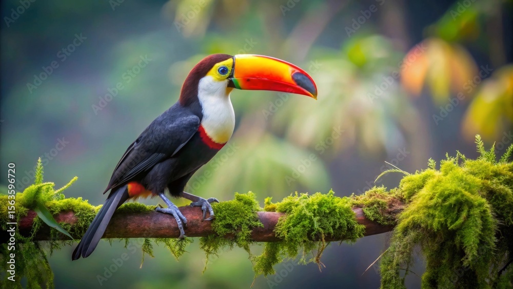 Naklejka premium A Vibrant Toucan Perched on a Mossy Branch in a Lush, Verdant Forest