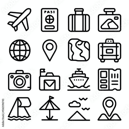 Black line travel icons set including airplane passport suitcase globe camera map location and more