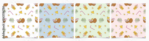 Set of hand drawn seamless vector patterns with coconut and lemonade in pastel colors, Summer Beach collection. 
