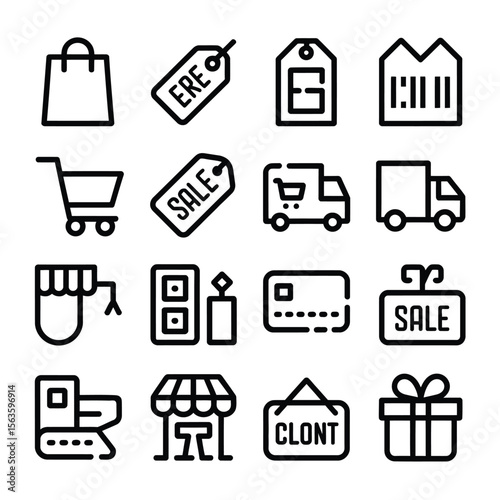 Black outline shopping and e-commerce icons including shopping bag price tags shopping cart delivery trucks credit card and gift box
