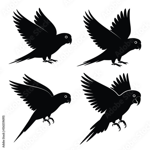Black parrot silhouettes in flight with wings spread on a white background