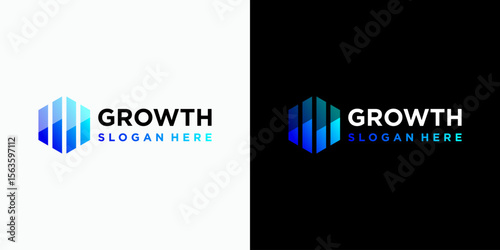 Growth chart vector logo design in hexagon shape with modern, simple, clean and abstract style. Icon for business, consulting, financial and personal branding.