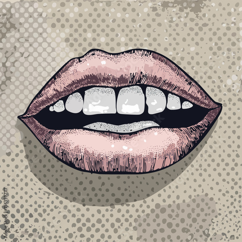 Retro halftone lips, eyes, nose and mouth in scream with monochrome photocopy effect. Brutalist female smile newspaper or magazine cut out.collage, comic, contemporary, cyber, doodle, eye, grain, 
