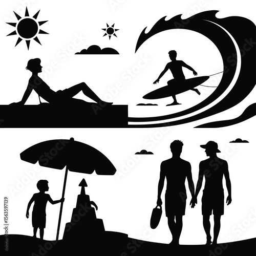 Black silhouette beach activities set sunbathing surfing sandcastle walking on white background
