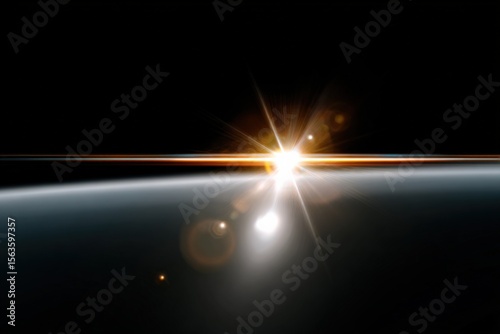 Stunning view of sunrise from space showing Earth's horizon with bright sunlight and lens flare over the dark backdrop of outer space