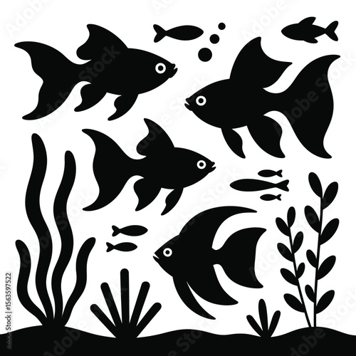 Black silhouette illustration of fish and aquatic plants on a white background