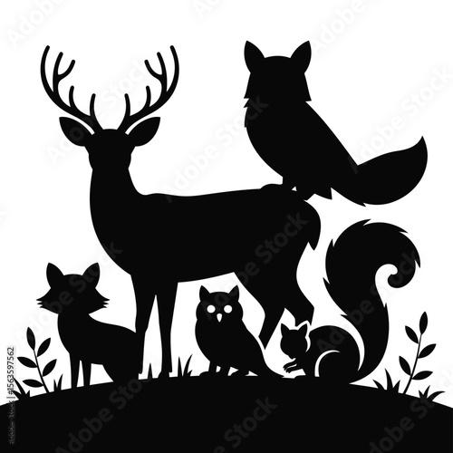 Black silhouette illustration of forest animals deer fox owl squirrel on white background