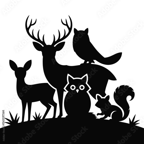 Black silhouette illustration of forest animals deer owl squirrel on white background