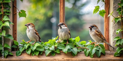 Three sparrows perched on a windowsill, nestled amongst vibrant green foliage, enjoying the tranquil outdoor view.