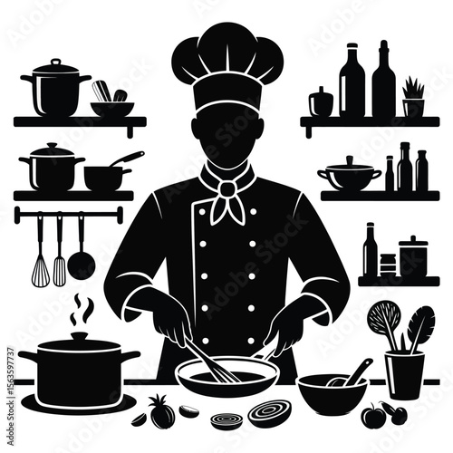 Black silhouette of a chef cooking with kitchen tools and ingredients on a white background