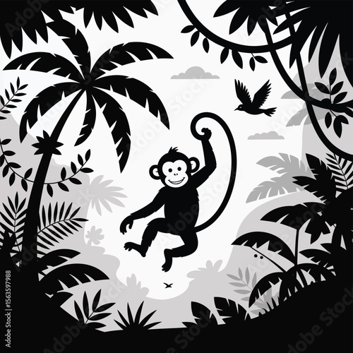 Black silhouette of a monkey swinging in a tropical jungle with palm trees and a bird