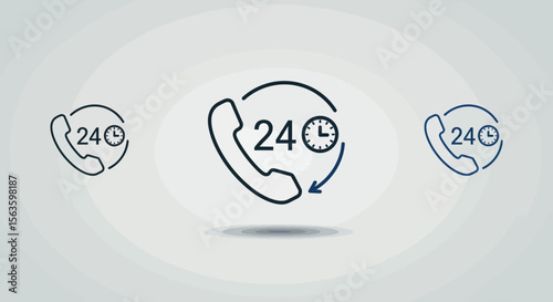 24 hour customer support concept with phone and clock vector illustration in minimalist design