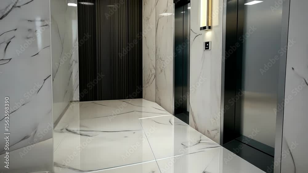 Stylish elevator lobby features sleek marble walls and flooring, complemented by vibrant plants to create a modern atmosphere