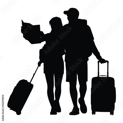 Black silhouette of tourist couple with luggage looking at a map on a white background