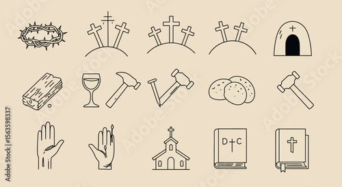 Christian symbols vector illustration: easter and crucifixion themes in line art for graphic design