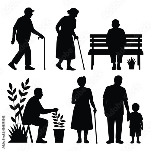Black silhouette set of elderly people with canes sitting on a bench and with a child