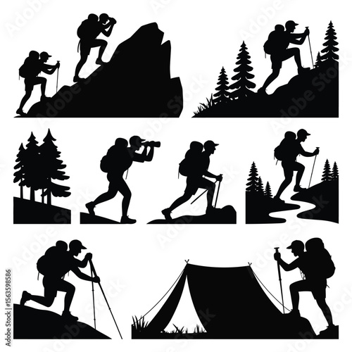 Black silhouette set of hikers with backpacks climbing mountains and exploring nature on a white background