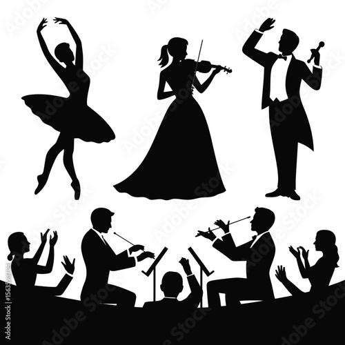 Black silhouette set of ballet dancer violinist conductor and orchestra on white background