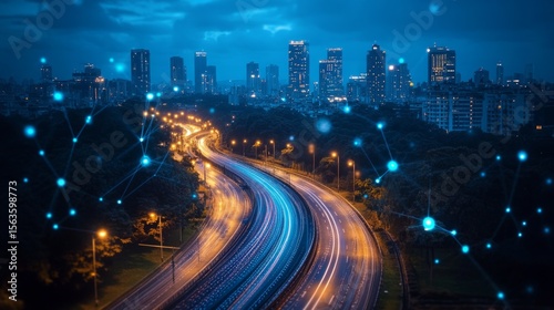 Night cityscape with blurred car lights and connections reminiscent of a digital network. Suitable for themes related to technology, urban development and innovation.
