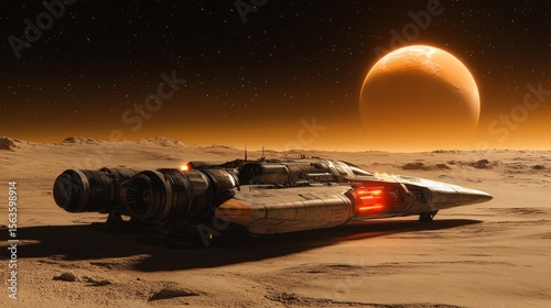 Fantastic spaceship on the surface of an alien planet with a large orange sky and sun. Useful for science fiction, concept art and themes related to space exploration.