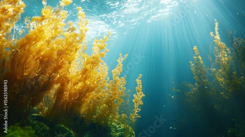 An underwater view of a forest of algae with sunlight streaming through the water, useful for articles on marine biology and ecology.