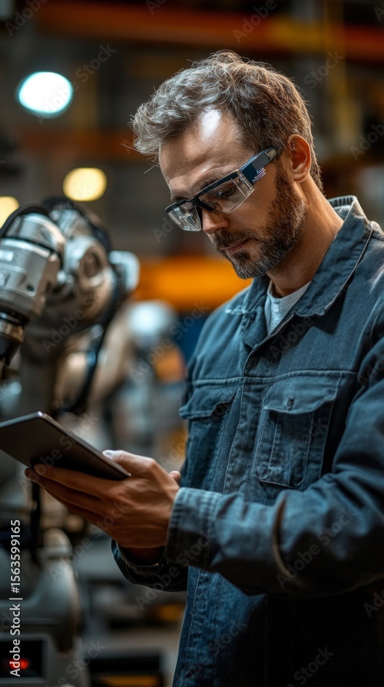 Obraz premium A worker wearing safety glasses and overalls uses a tablet in an industrial setting. Industrial and production photostocks, work processes.