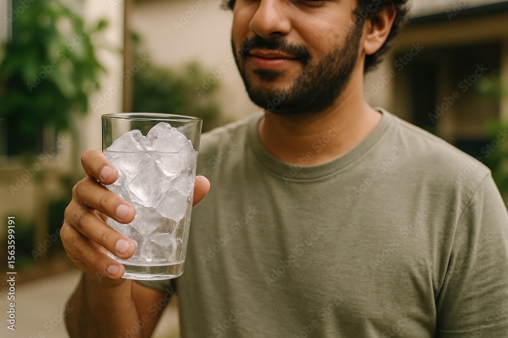 Man holding ice-filled glass. Man holding ice-filled glass.