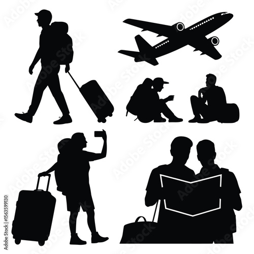 Black silhouette travel scene vector set including airplane travelers and luggage on white background