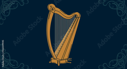 Elegant harp design vector illustration in celtic style for music-themed posters or cards