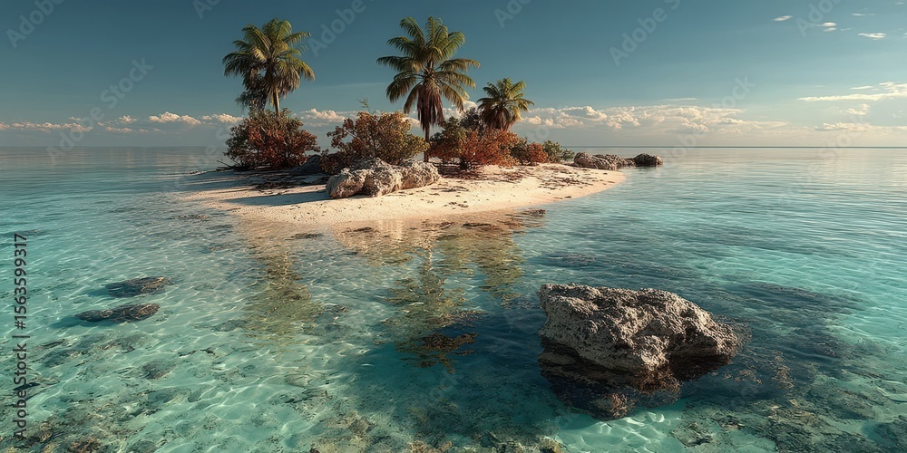 Fototapeta premium Tropical island paradise with clear waters and palm trees under a blue sky