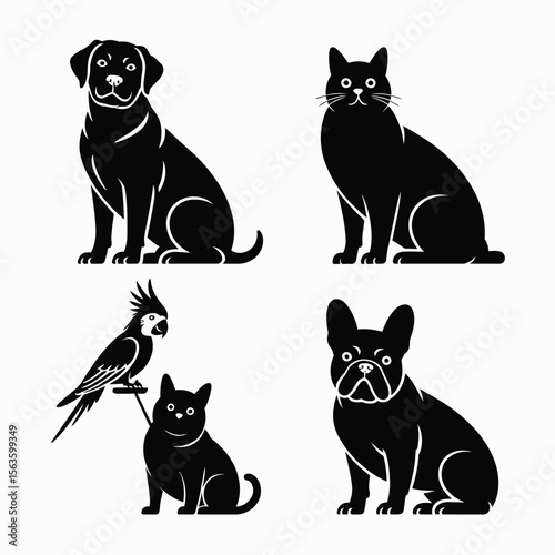 Black silhouette vector illustrations of a Labrador cat parrot and French Bulldog pets