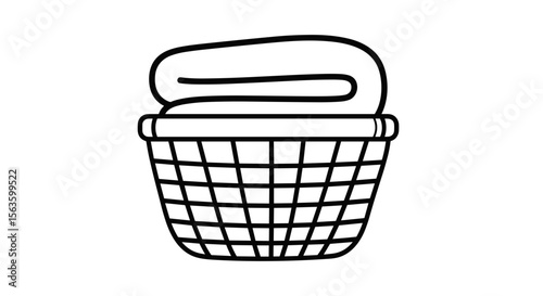 Laundry basket with folded towel icon in black outline style