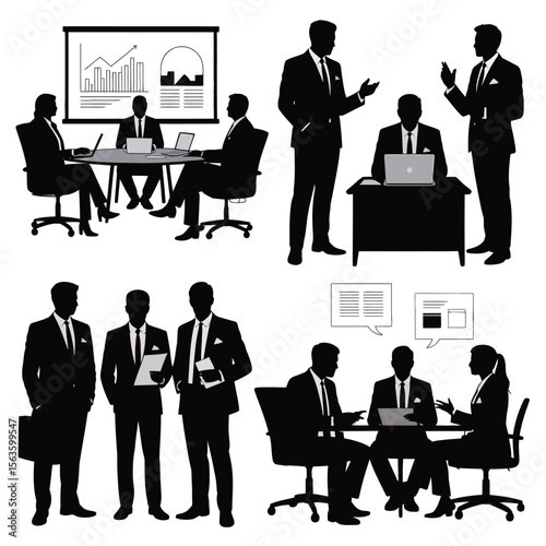 Black silhouette vector set of business people in suits at meetings and presentations