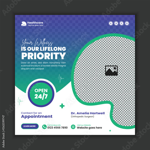 Medical and hospital services social media post banner design, Clinic and doctor appointment Facebook and Instagram post template 