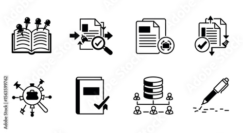 Business and data management vector illustration set for digital documents and analysis