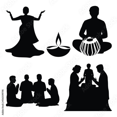 Black silhouette vector set of Indian cultural figures including dancer musician and people